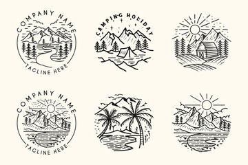 set monoline Mountain line art vector logo. mountain trees and nature, perfect for adventure or nature lovers