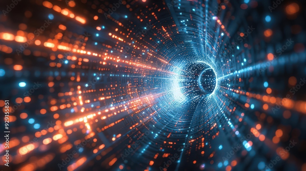 Poster a vibrant digital tunnel filled with glowing particles in hues of blue and orange, creating a sense 