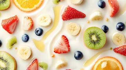 A colorful assortment of fruits arranged on a creamy background.