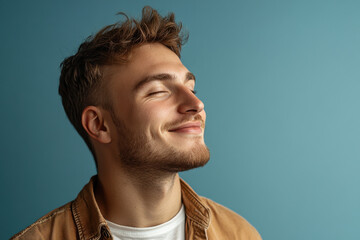 Obraz premium A close up of a man's face with his eyes closed