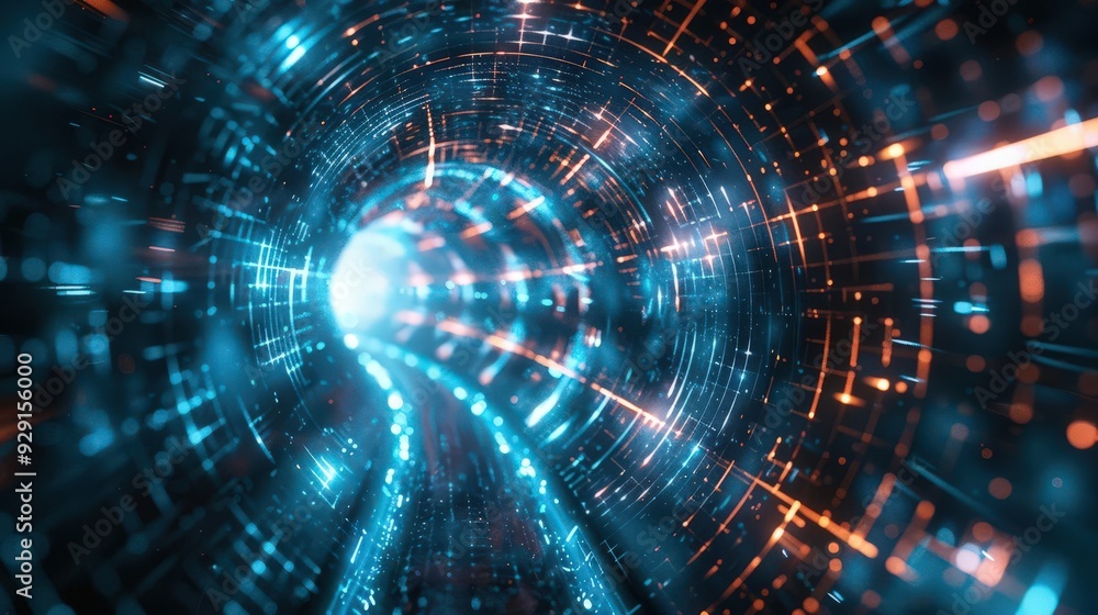 Poster a futuristic tunnel filled with glowing particles and light, representing motion and technology in a