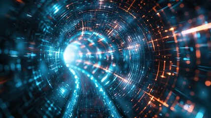 A futuristic tunnel filled with glowing particles and light, representing motion and technology in a digital universe.