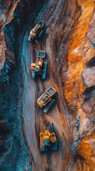 Construction vehicles work on a mining site, moving earth and minerals under bright daylight