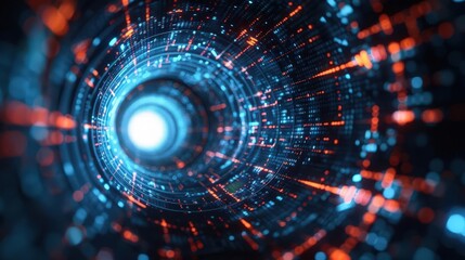 Obraz premium An abstract tunnel of light with vibrant blue and orange particles, representing technology and digital connectivity.