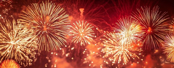 Fototapeta premium Festive New Year background in red color with pyrotechnic fireworks, lights, sparklers. Chinese New Year. New Year celebration, Christmas concept.