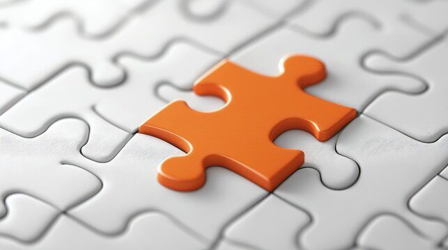 Picture of an orange puzzle piece that fits into a white puzzle. Teamwork, solutions, and problem-solving concepts are emphasized.