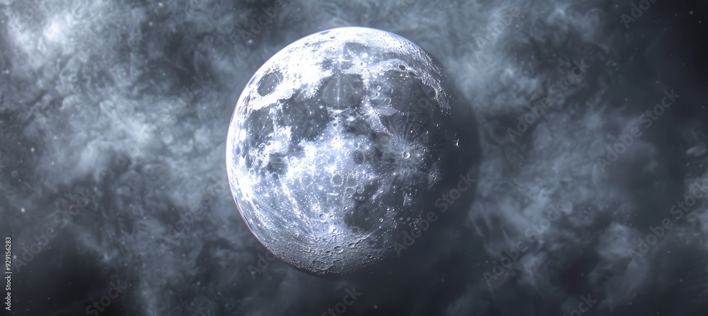 Poster lunar majesty high-resolution view of the moon with shadowed craters and a deep space backdrop.