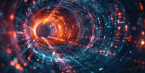 Fototapeta premium A vibrant digital tunnel filled with glowing particles, showcasing the beauty of technology and abstract art.
