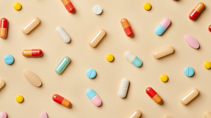 A colorful assortment of various pills and capsules on a neutral background.