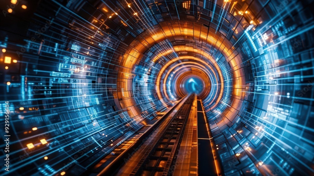 Poster futuristic tunnel with glowing lights and digital effects representing a journey through technology 