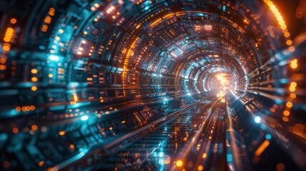 Fototapeta premium A vibrant digital tunnel with glowing lights and dynamic patterns, representing technology and futuristic concepts.