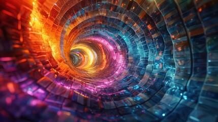 Fototapeta premium An abstract spiral tunnel with vibrant colors of orange, blue, and purple, creating a visually stunning and dynamic effect.