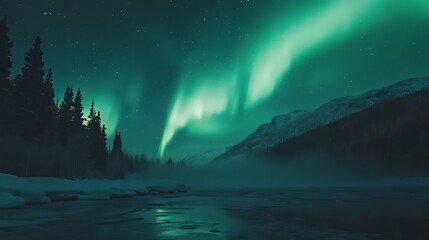 A mesmerizing aurora borealis display illuminates the night sky above a snowy landscape and frozen river.