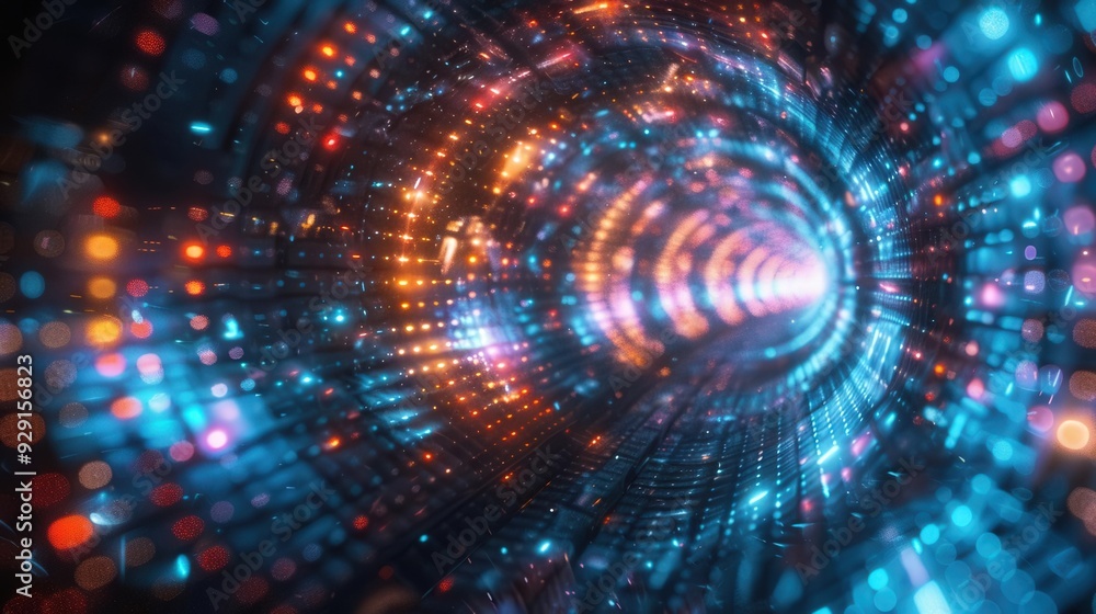 Poster futuristic tunnel with vibrant lights creating a mesmerizing digital atmosphere, perfect for technol