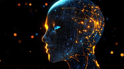 Obraz premium Side view of a humanoid head with blue and yellow eyes and vibrant neon neural network, representing futuristic technology and artificial intelligence. Generative AI