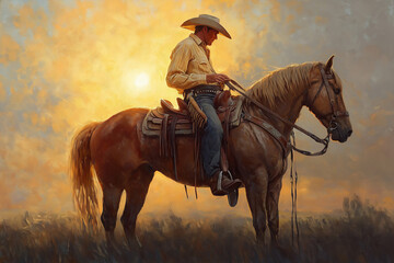 Obraz premium A cowboy in chaps rides a buckskin horse against a glowing sunset in the heart of the American West