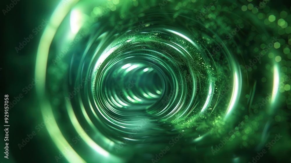 Poster an abstract view of a swirling green tunnel, illuminated by soft light and textured with sparkles, e