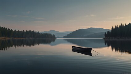 Obraz premium A small boat floats on a perfectly calm, mirrored lake, with a barely visible horizon. The scene is monochromatic, evoking stillness