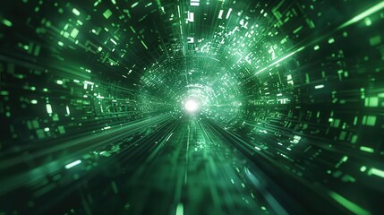 Obraz premium Dynamic green tunnel with glowing lights and data streams, representing technology and futuristic concepts.