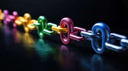 team of diverse people connected for purpose concept with multi color metal chain links on black background, united team work strength, abstract wallpaper, unity