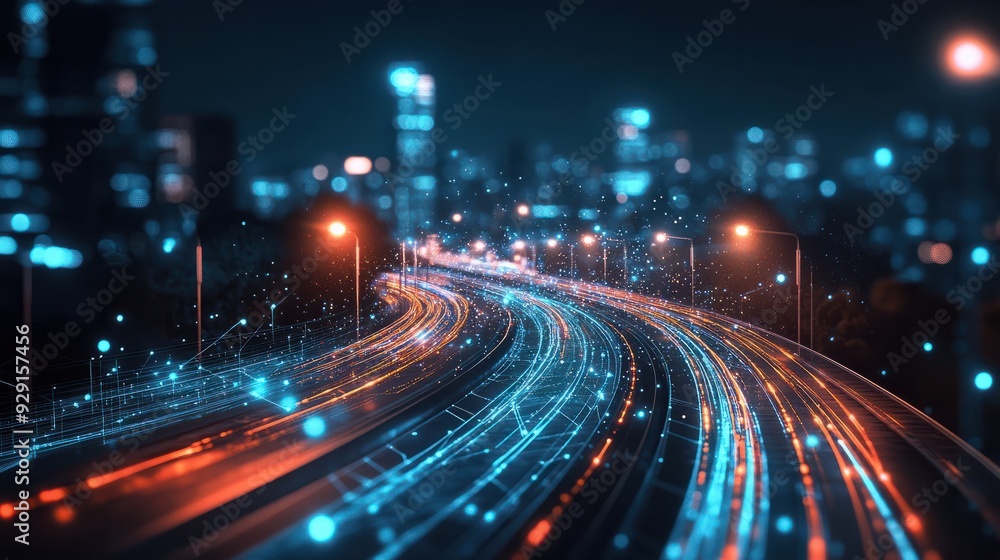 Poster traffic in the city, business graph waves and technology graph, abstract blue technology background 