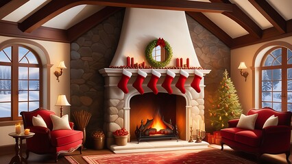 Christmas interior with fireplace and christmas tree. 3D rendering. illustration