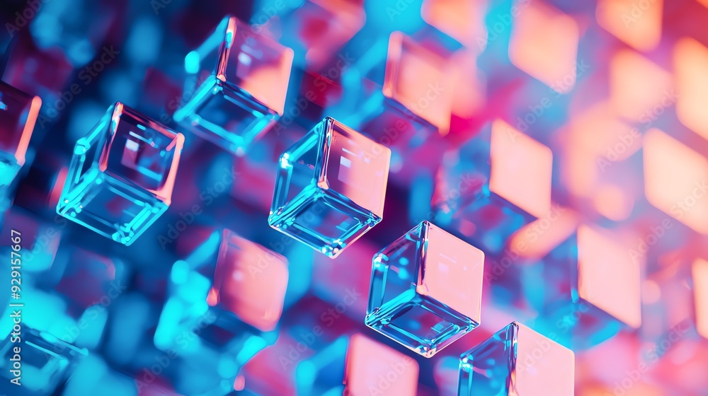 Poster futuristic abstract image of floating cubes in vibrant blue and pink hues, creating a dynamic and mo