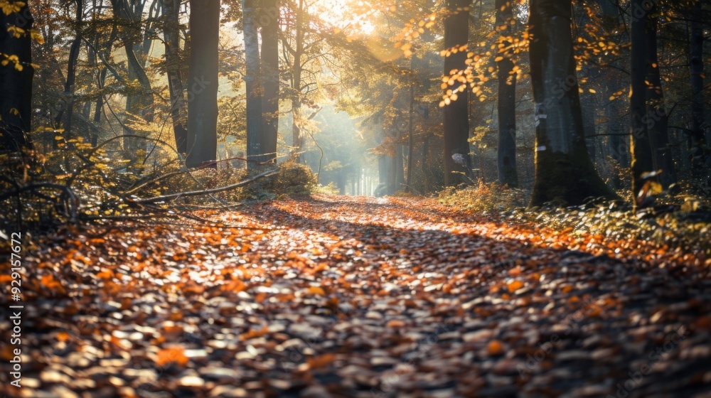 Poster sunlight filters through tree branches, illuminating a forest trail blanketed in fallen autumn leave