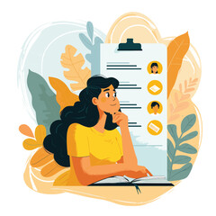 Illustration of a woman thinking at a desk, surrounded by notes and ideas.

