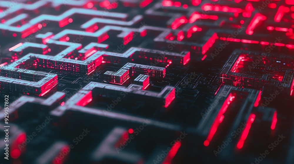 Aufkleber intricate maze pattern illuminated by vibrant red lights, showcasing a fusion of technology and desi