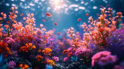 Obraz premium Underwater floral paradise with orange fish and sunbeams.