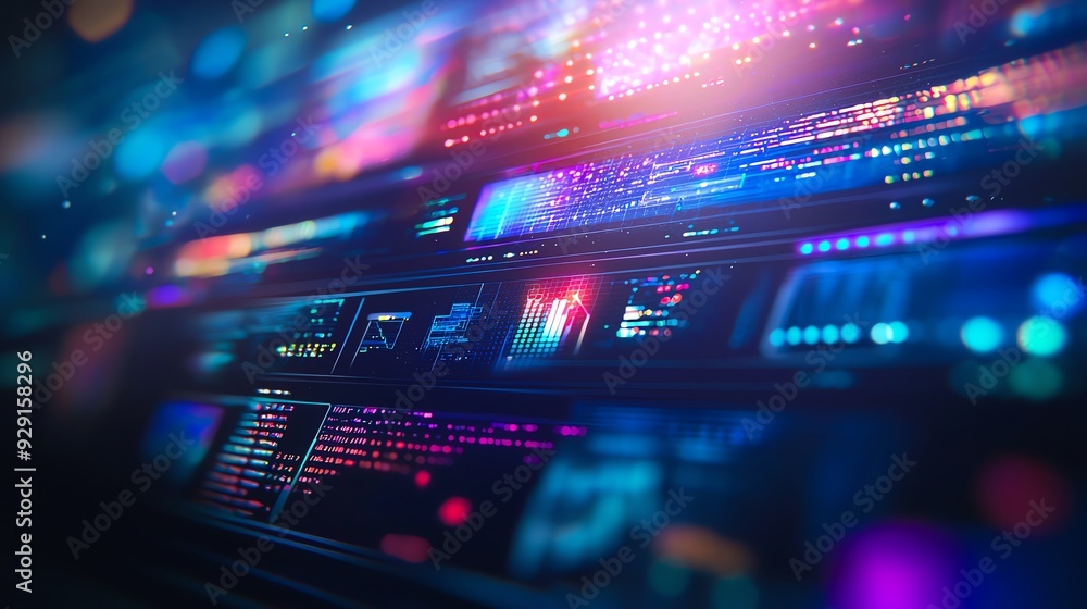 Poster vibrant abstract technology background showcasing illuminated digital screens and futuristic interfa