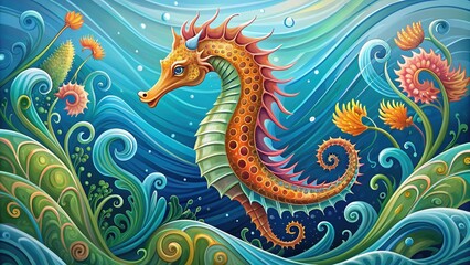 Fototapeta premium Stylized illustration of a majestic seahorse with vibrant scales and flowing fins, swimming amidst swirling ocean waves and seaweed, in a whimsical vector design.