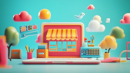 A colorful digital storefront with playful elements like trees, clouds, and a typewriter.