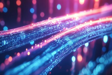 Beautiful glowing data cables transferring information. Digital information flows through the network and data servers with generative ai