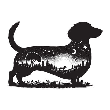 recommend clip art: silhouette of Dachshund, filled with nature night view in rough drawing,