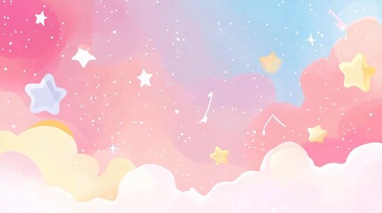 Obraz premium Dreamy Pastel Galaxy: A whimsical, hand-drawn illustration of a pastel galaxy with fluffy clouds and sparkling stars, perfect for a magical and dreamy aesthetic. 