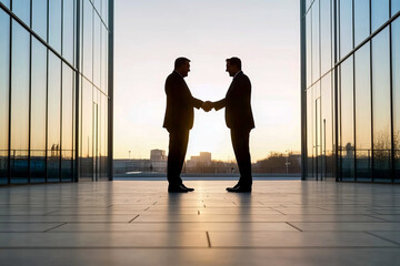 Silhouetted Businessmen Shaking Hands at Sunset