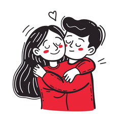 Cute couple hugging, surrounded by hearts in a minimalist style