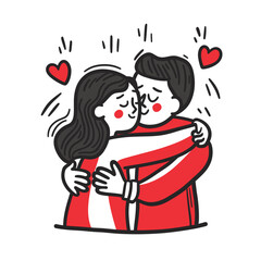 Cute couple hugging, surrounded by hearts in a minimalist style
