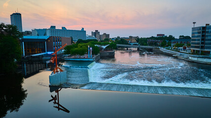Aerial View of South Bend River Lights Plaza at Sunset