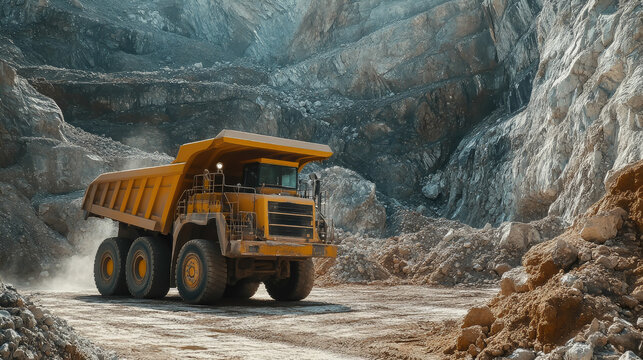 large mining truck working in a mine, quarry, pit, minerals, coal, rocks, transport, transport, huge yellow car, equipment, ore, soil, crushed stone, industry, gypsum, clay, granite, graphite, wheels