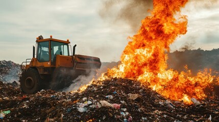 A bulldozer moves debris while flames erupt from a fire at the landfill, sending smoke billowing into the air