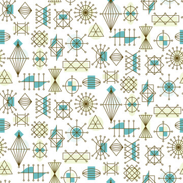 Mid-century modern, atomic age, geometric seamless pattern. Retro 1950s background. Geometric shapes, lines.