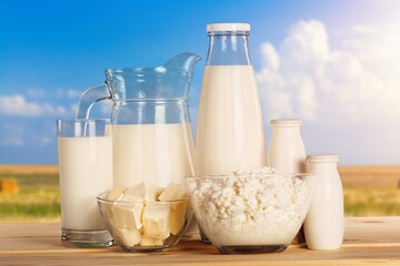 Fresh Milk in glass bottle, farm elements