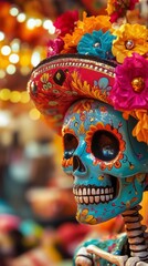 Mexican Cultural Celebration Scene with a Hand Painted Sugar Skull and Marigold Flowers Representing Ancestral Honor