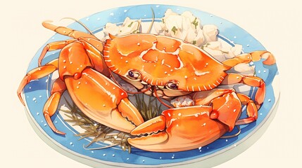 A colorful illustration of a crab on a plate, accompanied by some side dish.
