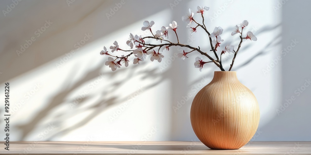 Canvas Prints White Flowers in a Wooden Vase with Sunlight and Shadows