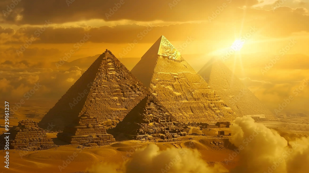 Poster the sun is shining on the pyramids, creating a warm and inviting atmosphere. the golden light highli