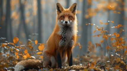 A red fox sits in a forest, surrounded by autumn leaves.